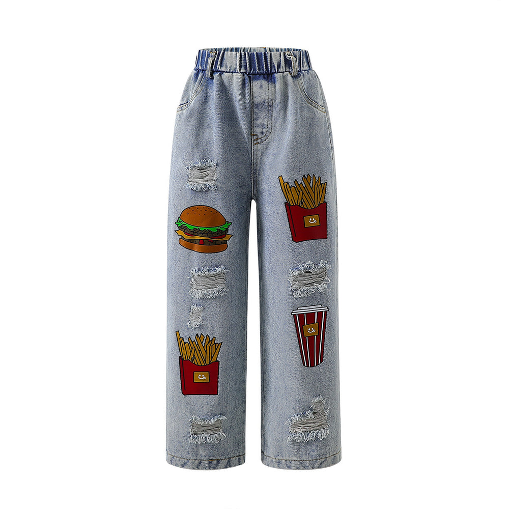 Exportgirljeans cartoon stickers hamburger fries loose distressed ripped pants kidsstraight-legloose pants