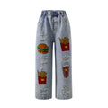 Exportgirljeans cartoon stickers hamburger fries loose distressed ripped pants kidsstraight-legloose pants