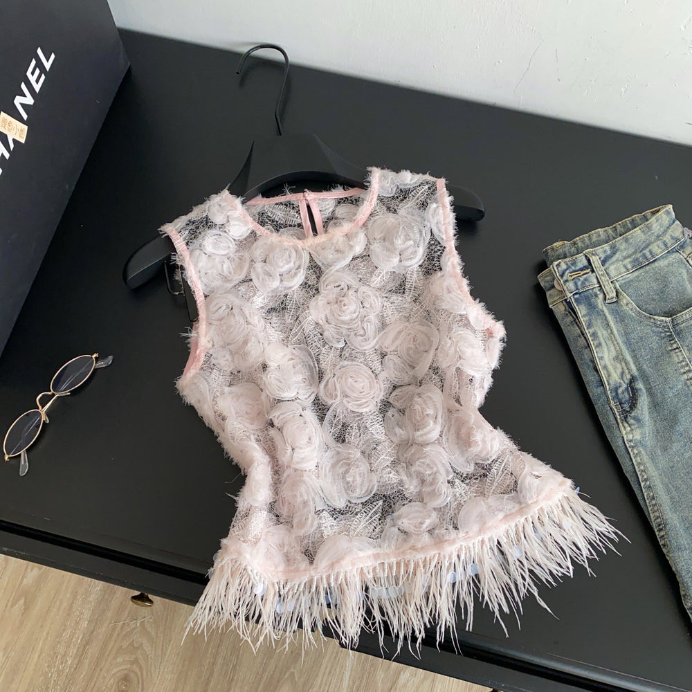 French heavy industry mesh stereo flower patchwork camisole women's summersense of designniche style sleeveless eleganttops