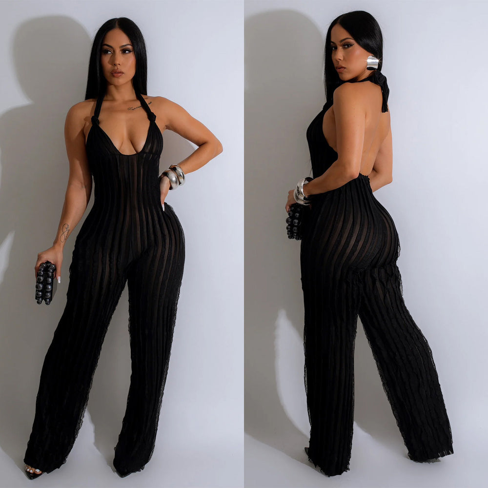 C6737 cross-border   fashion women's solid color backless deep v pleated halter bodysuit