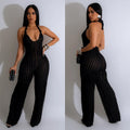 C6737 cross-border   fashion women's solid color backless deep v pleated halter bodysuit