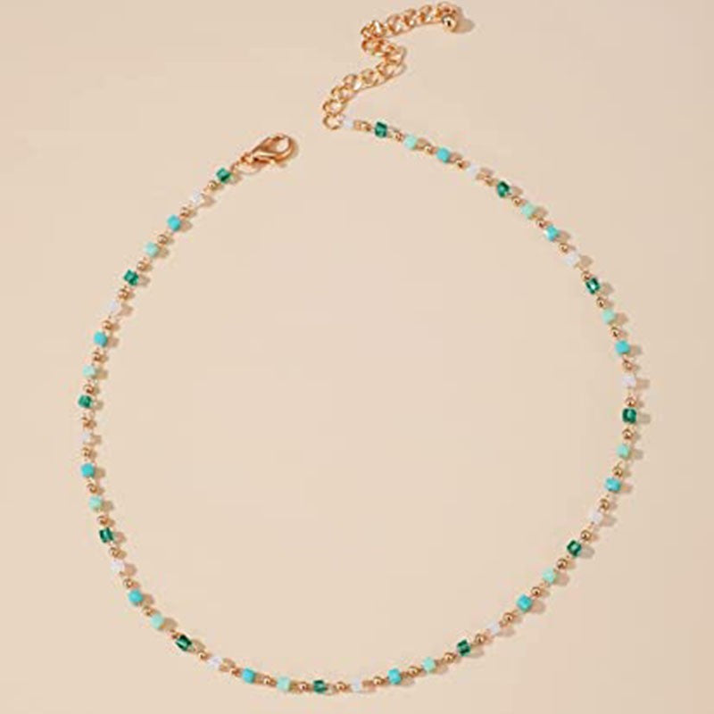 European and american cross-border hot-selling jewelry: minimalist, fresh, green beaded square & round bead necklace - fashion jewelry choker - geometric design