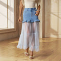 Amazon tiktok pinduoduo foreign trade cross-border fashion denim splicing mesh ruffle long skirt