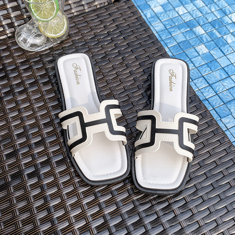 Women's slippers - 2025 summer new arrivals: french-style h-strap square toe flat sandals - fashionable, versatile, outdoor beach thong sandals