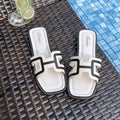Women's slippers - 2025 summer new arrivals: french-style h-strap square toe flat sandals - fashionable, versatile, outdoor beach thong sandals