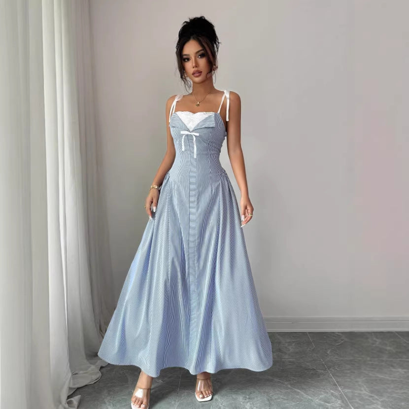 high-end, atmospheric summer dress: lace-trimmed, two-piece look, spaghetti strap maxi dress for women
