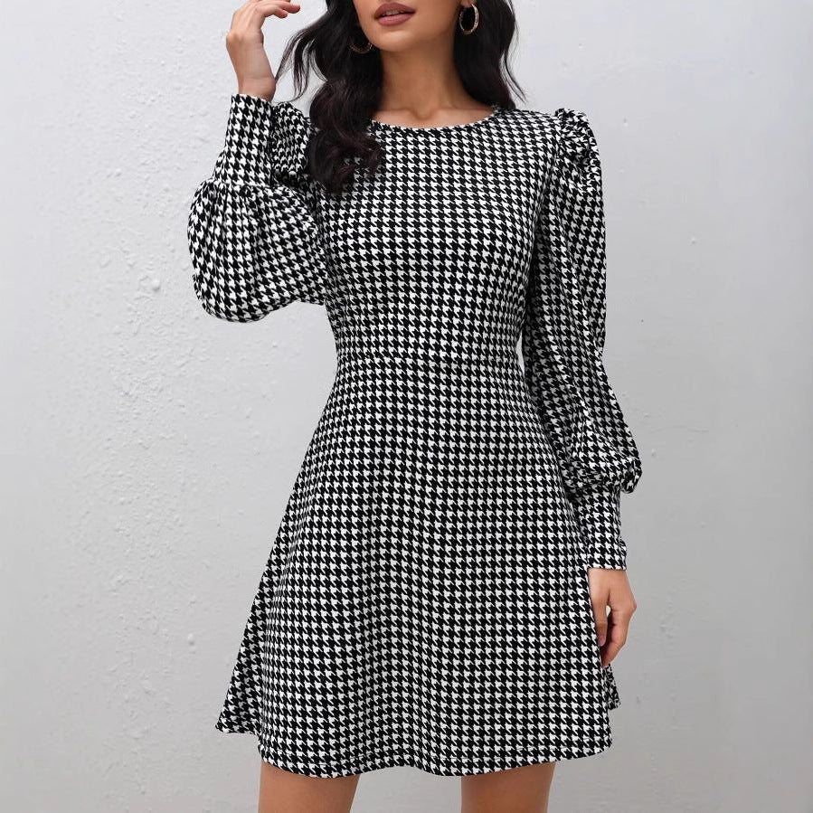 European and american cross-border   fall/winter new arrival: houndstooth chic elegant slim-fit puff sleeve women's dress