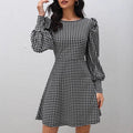 European and american cross-border   fall/winter new arrival: houndstooth chic elegant slim-fit puff sleeve women's dress