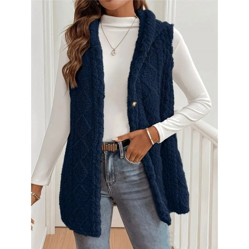 Europe and the United States   hot-selling explosion solid color double-sided plush hooded button cardigan casual women's autumn and winter vest