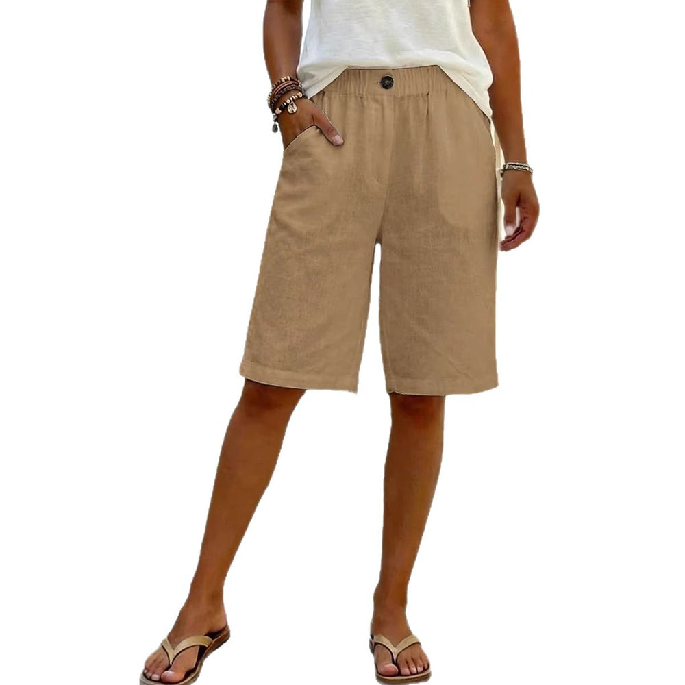 european and american  new women's faux cotton linen shorts - summer casual everyday mid-rise solid color shorts