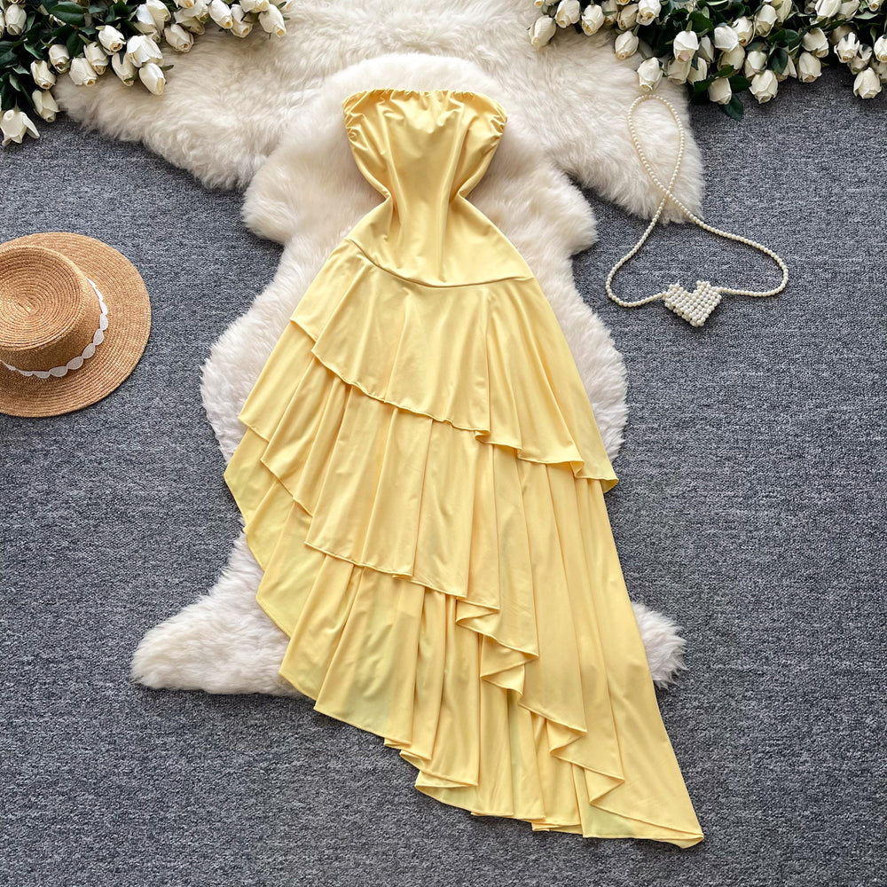 French riviera style bandeau ruffle asymmetrical dress - women's summer yellow slimming elegant maxi dress