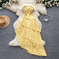 French riviera style bandeau ruffle asymmetrical dress - women's summer yellow slimming elegant maxi dress