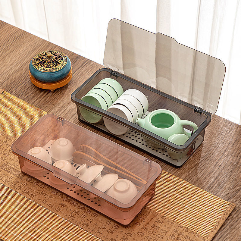 Desktop storage box Dustproof portable Kung Fu teacup tea set storage box Plastic clamshell teapot storage box