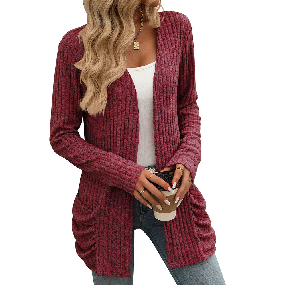 Europe, America,   2024 autumn and winter new solid color pit strip abraded pocket cardigan long-sleeved jacket women