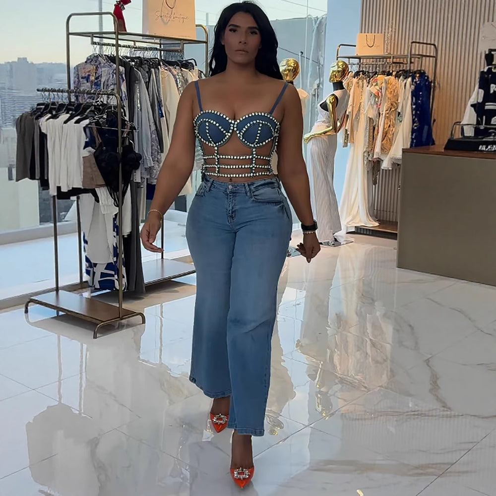 European and american style women's denim camisole -  cross-border fashion, sexy hot girl style, rhinestone embellished, adjustable top