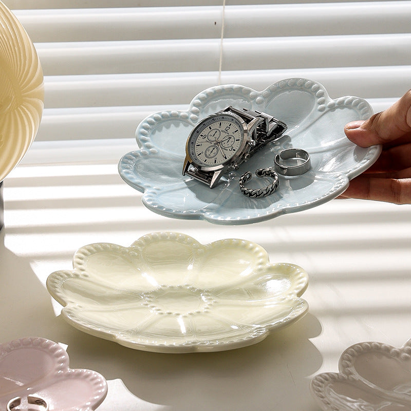 Ins creative floral desktop jewelry organizer ceramic tray - unique embossed entryway display & storage ornament