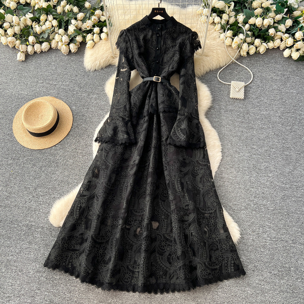 new spring/summer elegant high-end banquet evening gown - women's heavy embroidery cutout flared sleeve dress