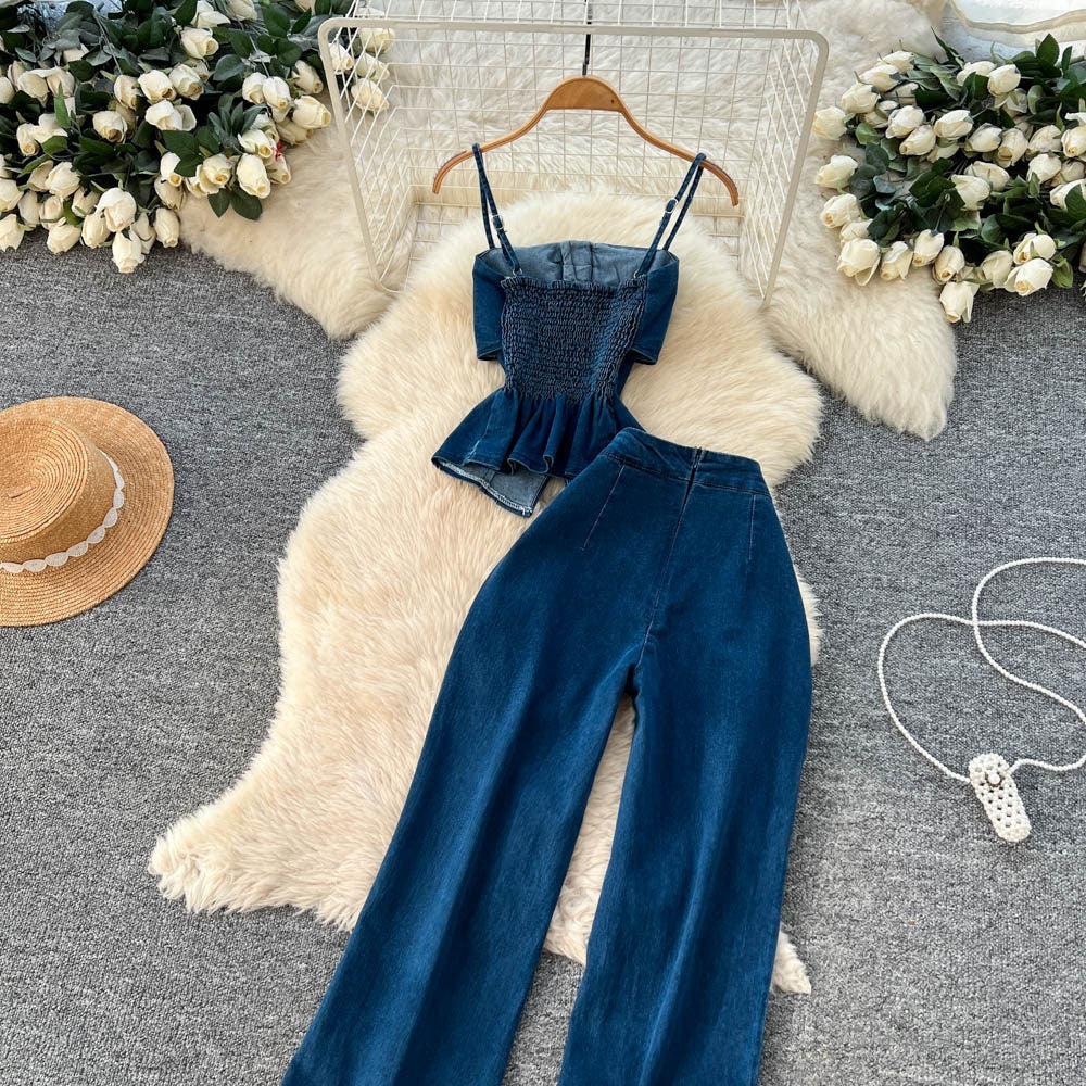 Cowgirl-chic cami and tube top two-piece set for women, featuring a high-waisted, slimming wide-leg pants outfit perfect for spring and summer