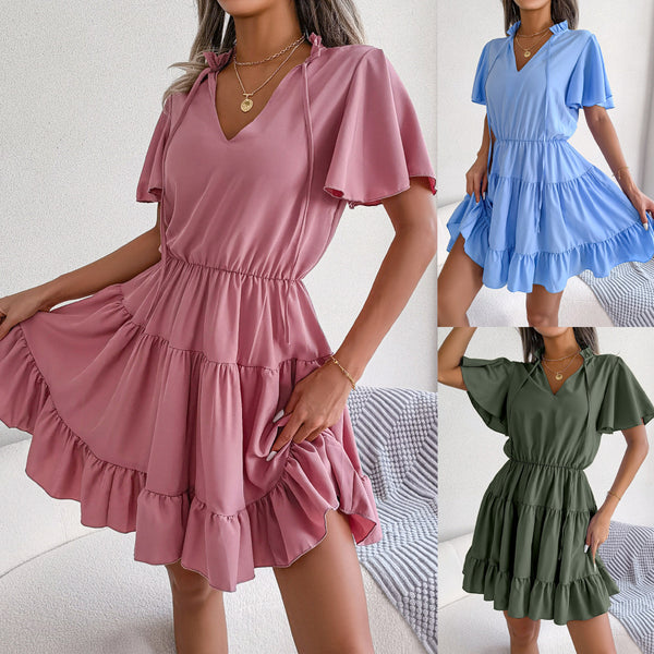ins wind real shot spring and summer lotus leaf skirt streamer pendulum A-shaped skirt solid color dress,   women's clothing