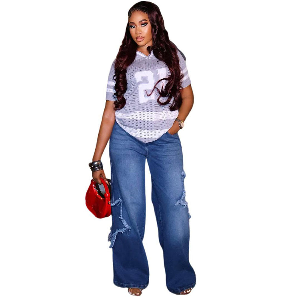 European and american style women's casual jeans -  cross-border fashion new embroidered denim jeans - trendy loose fit pants
