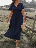 european and american cross-border  summer new arrival: solid color v-neck flared sleeve elastic waist slimming slit maxi dress