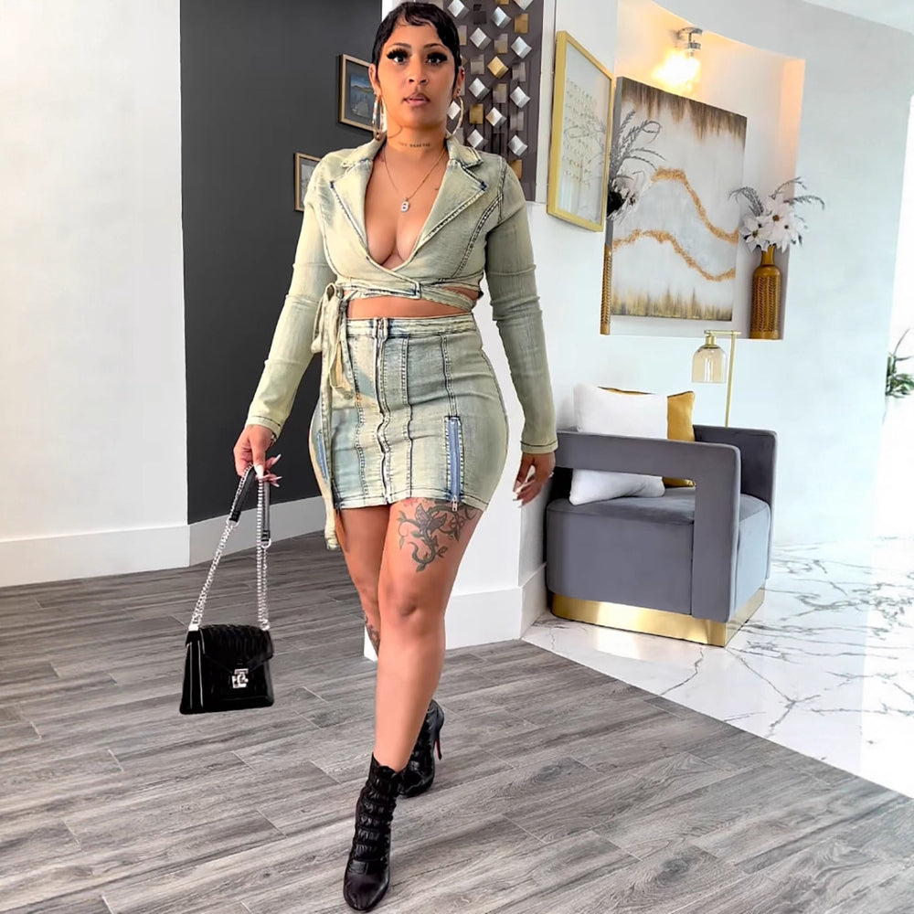 Fashion cross-border women's clothing  women's denim skirt new arrivalfashionsexy zipper tie long sleeves hip-covering short skirt