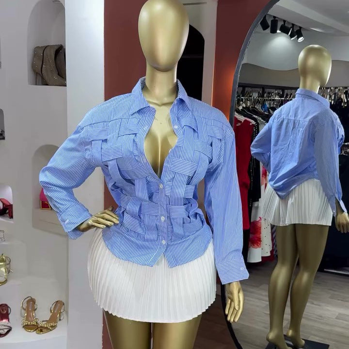 European and american cross-border women's fashion:  summer new arrival - elegant, designer, niche woven turn-down collar striped blouse top