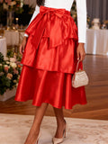 new satin cinched waist slimming cake skirt - high waist versatile bow party everyday midi skirt