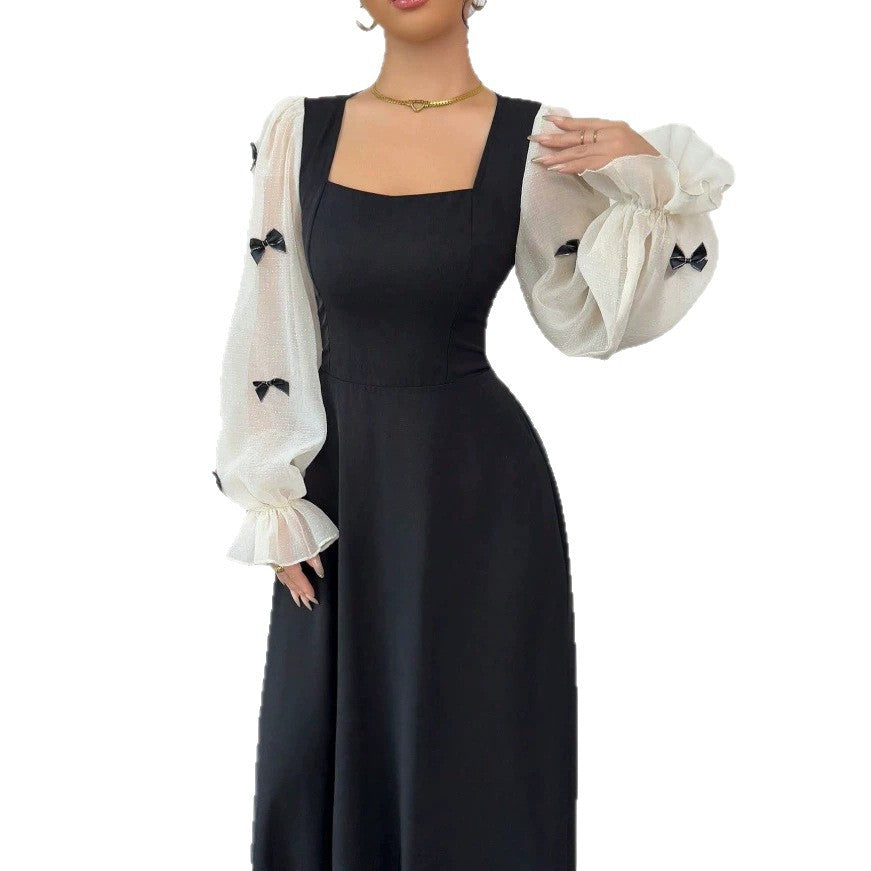 European and american cross-border  french color block bowknot fairy maxi dress - solid black body with high-waisted paneling