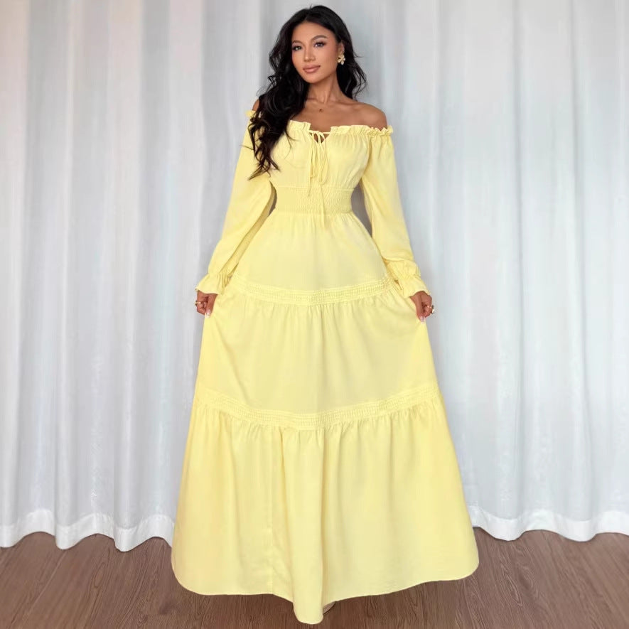 new spring european and american style elegant bubble sleeve long sleeve dress