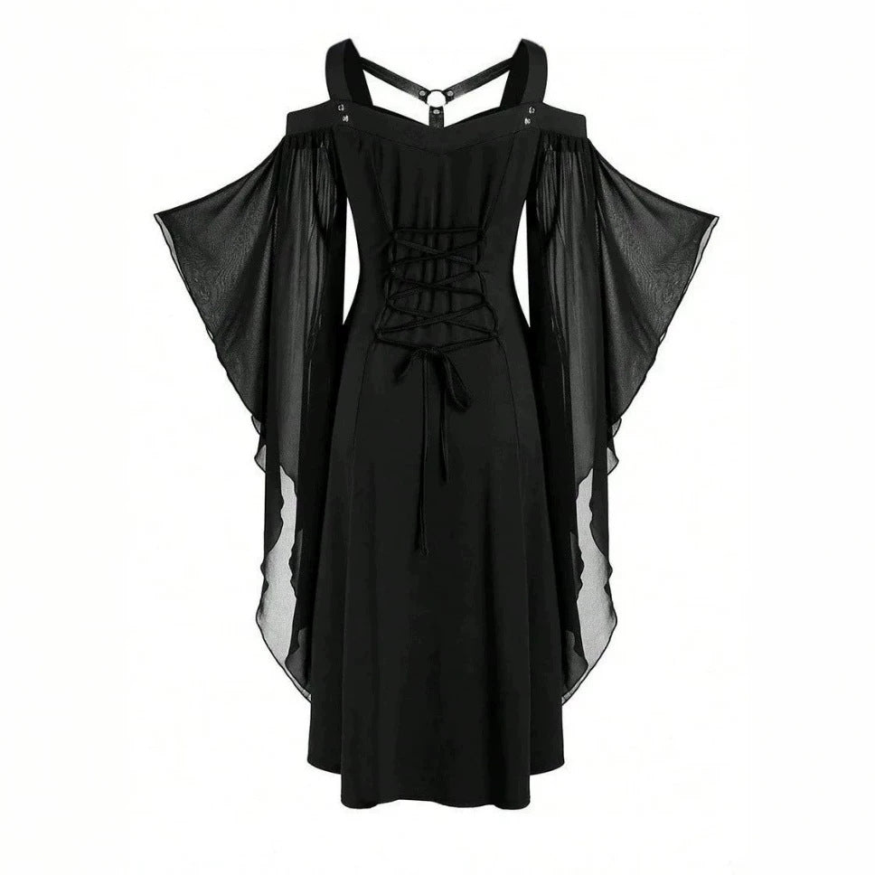 new arrival gothic style large swing sleeves asymmetricalpatchwork halloween witch suspender strap large swing dress