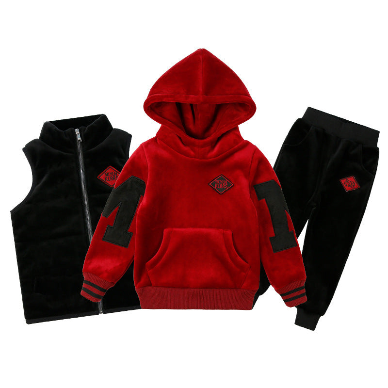 Boys' fleece-lined thickened autumn/winter outfit,  new style, mid-to-large children's clothing, boys' hoodie three-piece set, trendy style