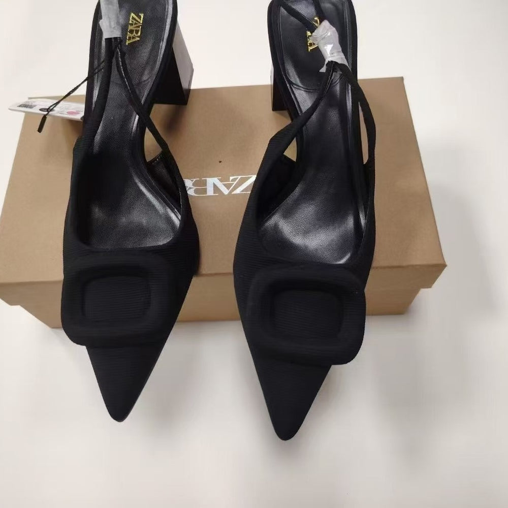 Zaexport2024 summer new arrival women's shoes, square buckle buckle, pointed toe, thick heel, high heel sandals, toe cap