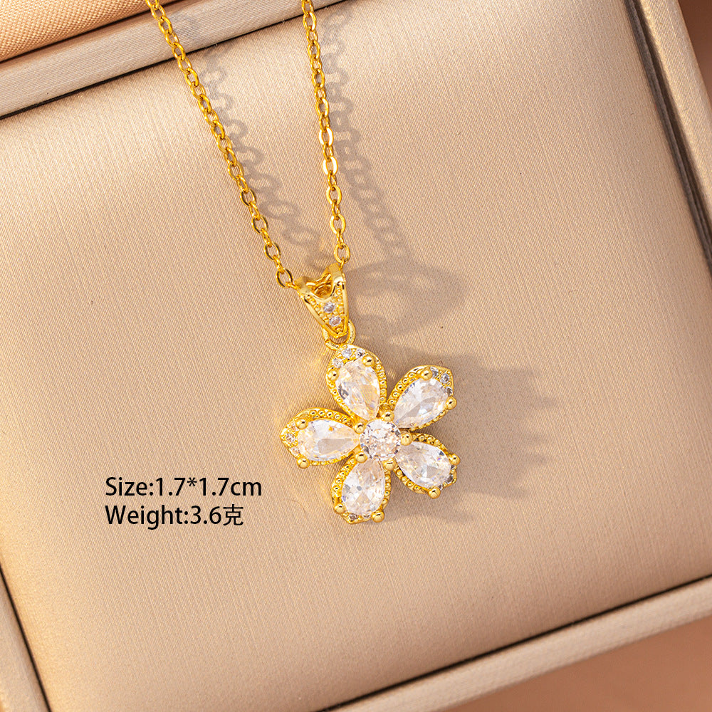[set] cross-border popular copper-inlaid zirconium flower necklace, women's earrings, light luxury elegant stainless steel sweater chain jewelry
