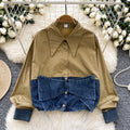 Spring korean style fashion design bowknot denim patchwork long sleeve shirt women's loose blouse top