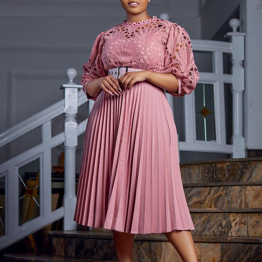 european and american women's clothing  summer new fashion elegant lace hollow-out sexy pleated plus size foreign trade dress