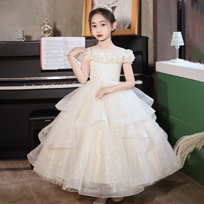 Ready-to-ship, cross-border bestseller: high-end girls' formal dress, long, full skirt with mesh paneling, floral princess dress for girls