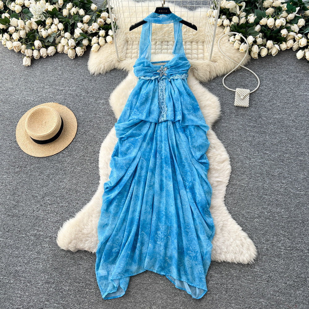 Vacation style blue halterbacklessdress women's summer high waist a-line long skirt elegantwork clothingasymmetrical large skirt
