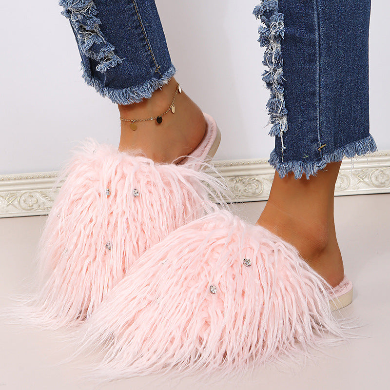 Slippers long hair fall and winter women's baotou k-style fashion rhinestone fur baotou slippers artificial fur wooden floor artificial fur