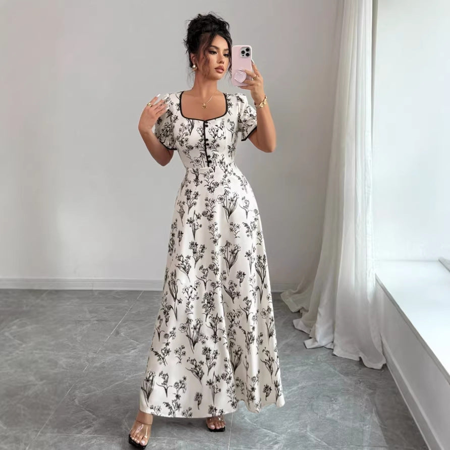 new french-style printed midi dress with cinched waist
