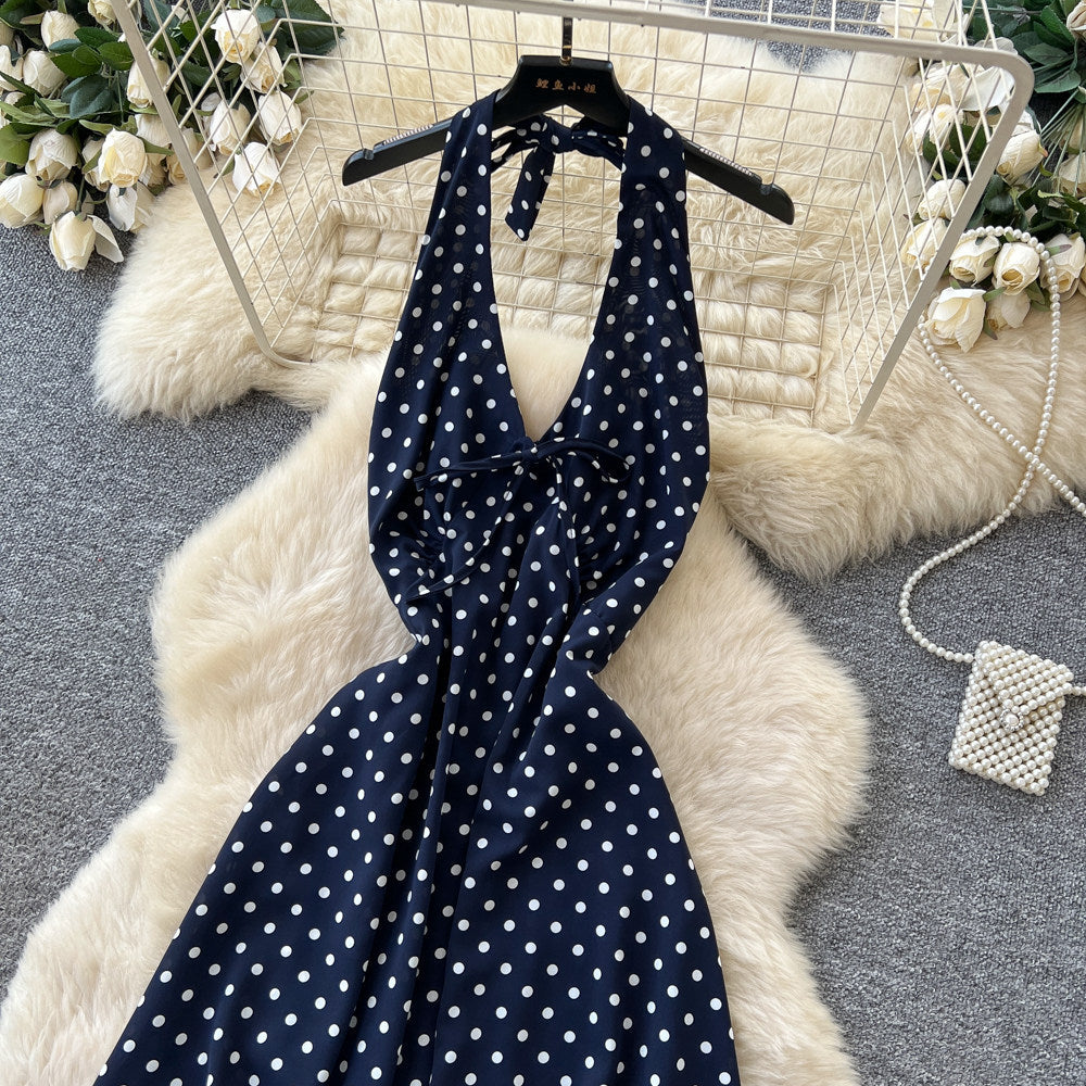 French halter polka dot sexy backless dress women's summer red deep v neck waist elegant vacation style long dress
