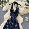 French halter polka dot sexy backless dress women's summer red deep v neck waist elegant vacation style long dress