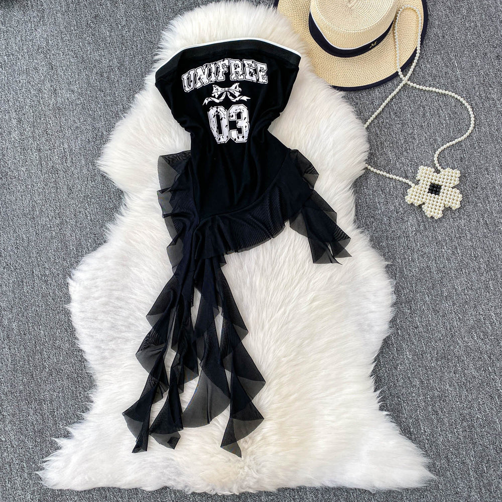 American hot girl one shoulder letter printing tube top women's summer new style waist slimming lookruffles ribbon tops