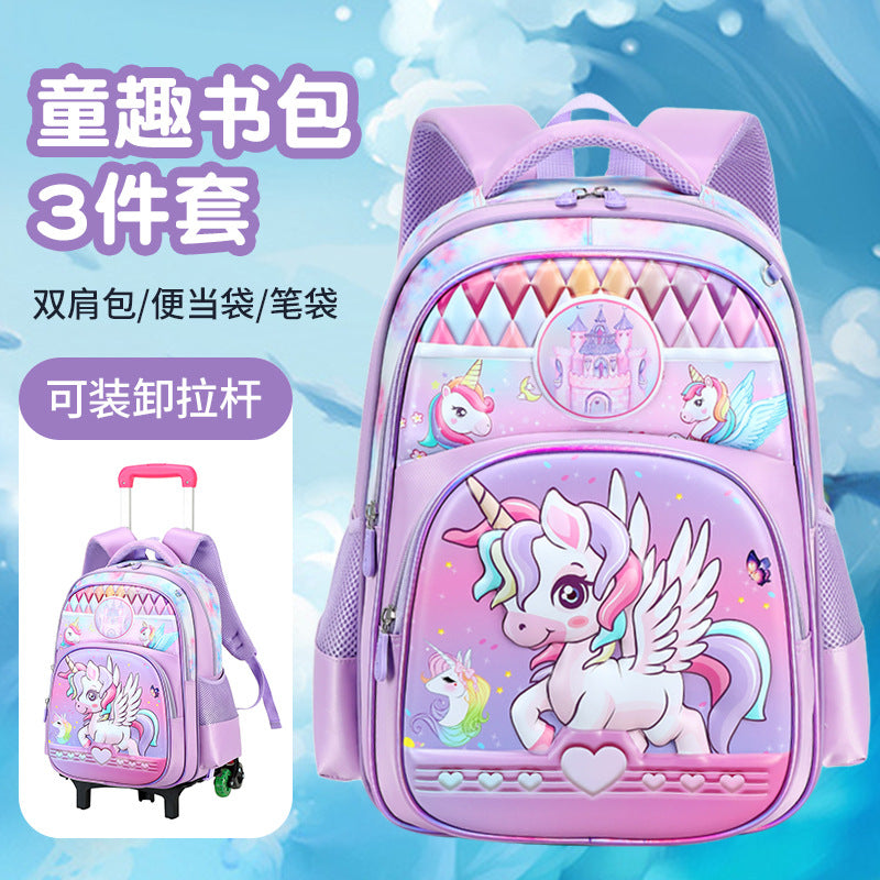 New unicorn trolley backpack set for elementary school students - cute cartoon design, three-piece set, large capacity, unisex