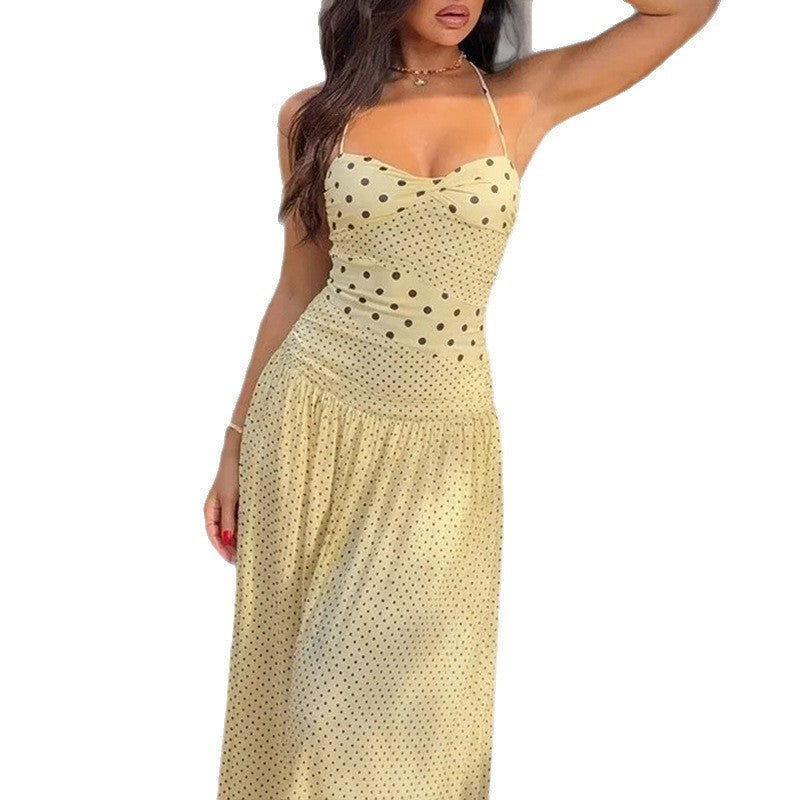 summer new women's fashion: cross-border european and american sexy halter polka dot ruched waist maxi dress