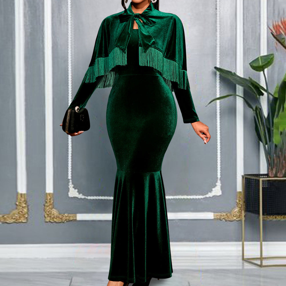 Amazon velvet tassel two-piece set bow tie shawl cinched waist mermaid evening gown dresses