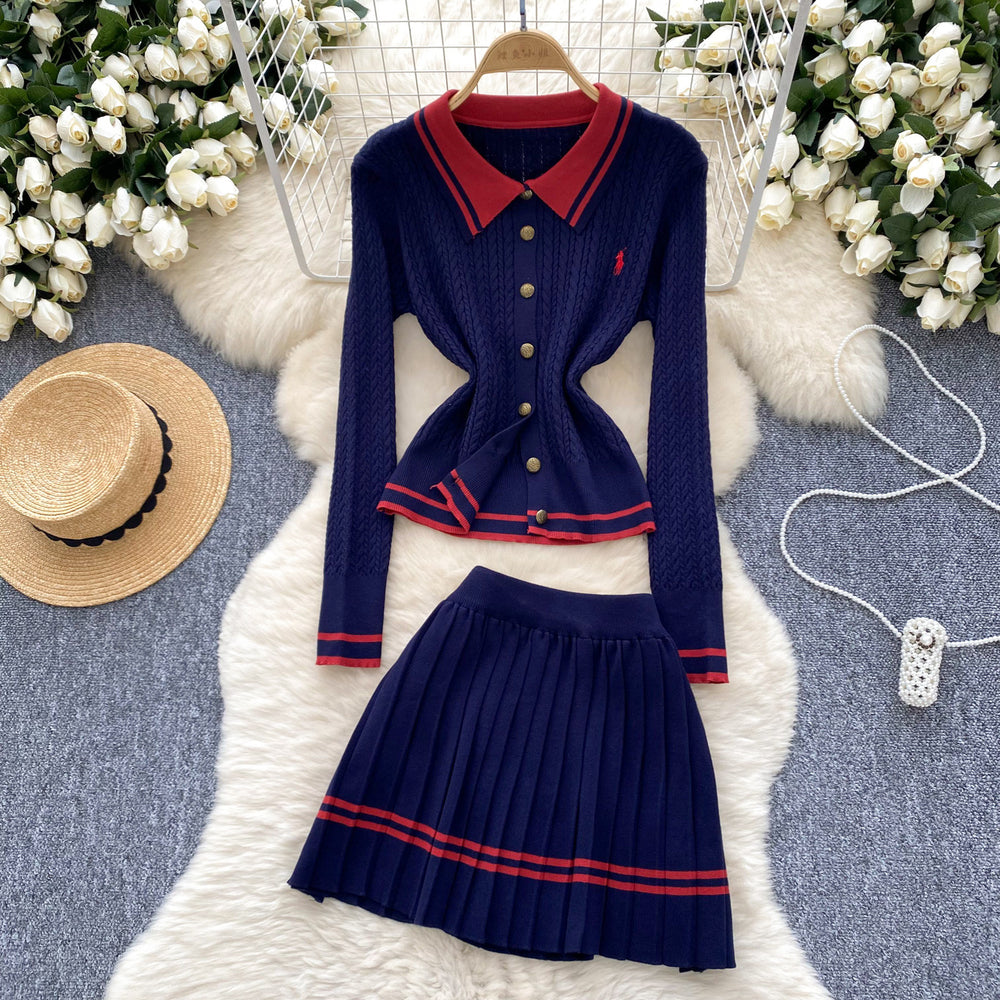 Preppy style small spur embroiderpolo collar long sleevesknittingcardigan women's autumtwo-piece setsweaterhigh waistpleated short skirt