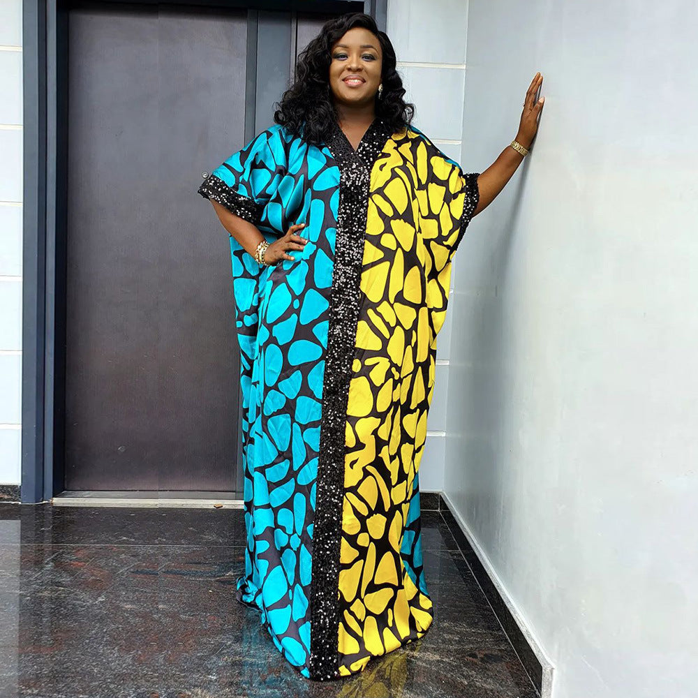 e-commerce  independent station african plus size women's clothing velvet sequined dress patchwork printed robe