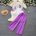 Commuting style casualprintingv necktopshigh waistloose pants women's summerslimming looktwo-piece setdrapedfashionsuit