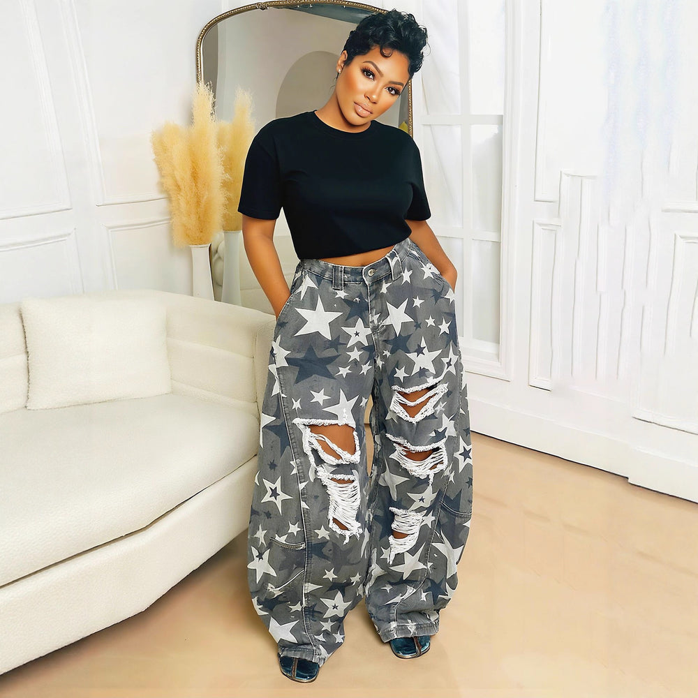 Yln8407 cross-border independent station   new washed camouflage star ripped scimitar jeans